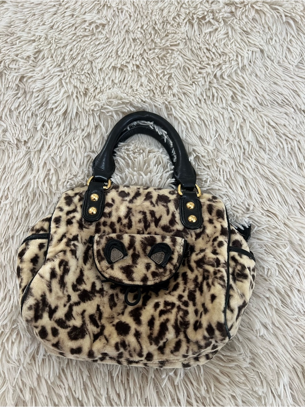 Leopard Print Faux Fur Satchel Handbag in Beige and Black